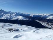Blick vom Jakobshorn über das Skigebiet