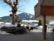 Blick von der Hubertus Alpin Lodge & Spa auf die Pisten