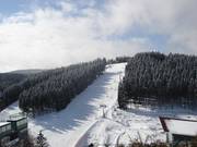 Typische Waldschneisenabfahrt im Skiliftkarussell