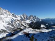 Blick vom Rollepass auf die Palegruppe und San Martino di Castrozza