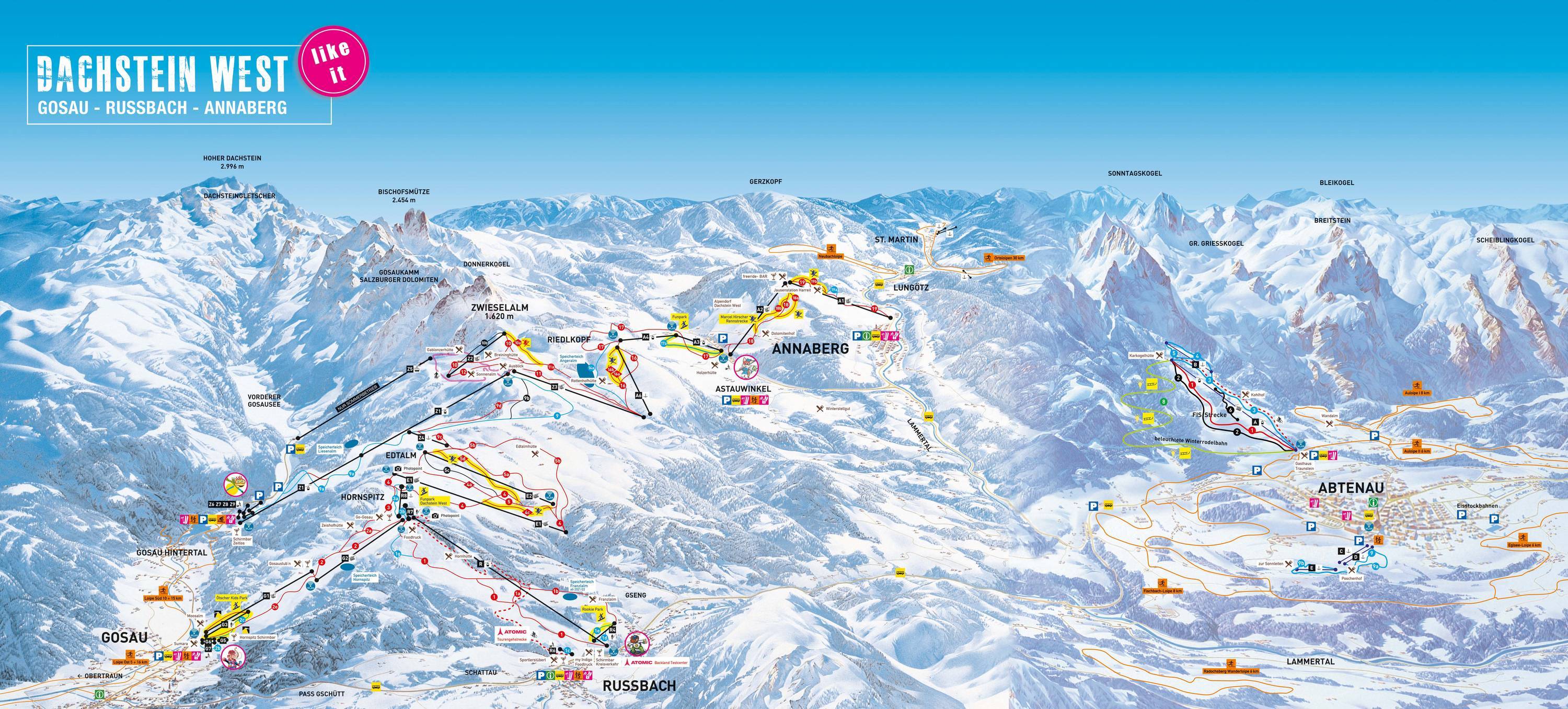 Pistenplan Dachstein West Gosau Russbach Annaberg 